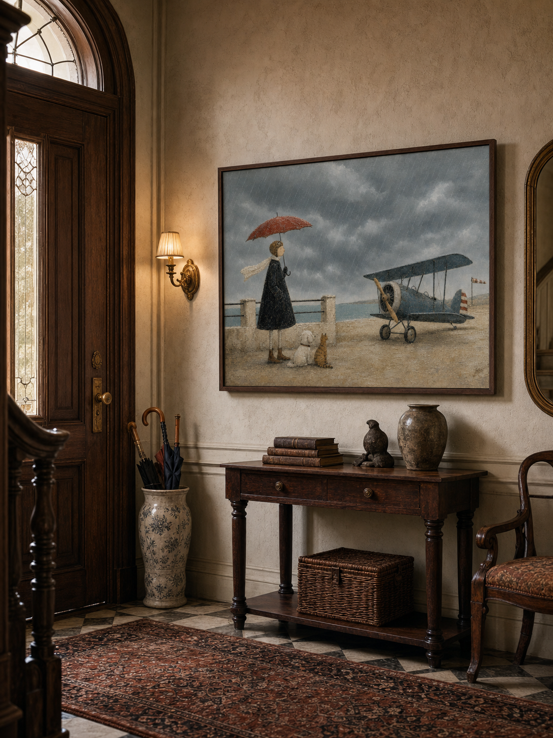 Whimsical Vintage Airplane Painting With Dog And Cat For Coastal Home Decor Art