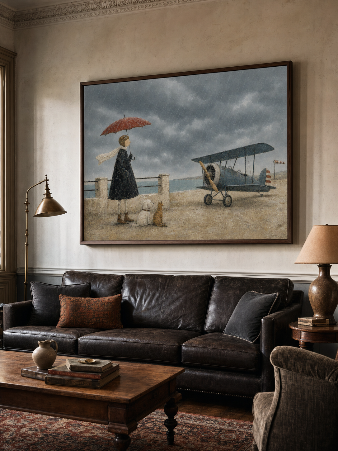 Whimsical Vintage Airplane Painting With Dog And Cat For Coastal Home Decor Art