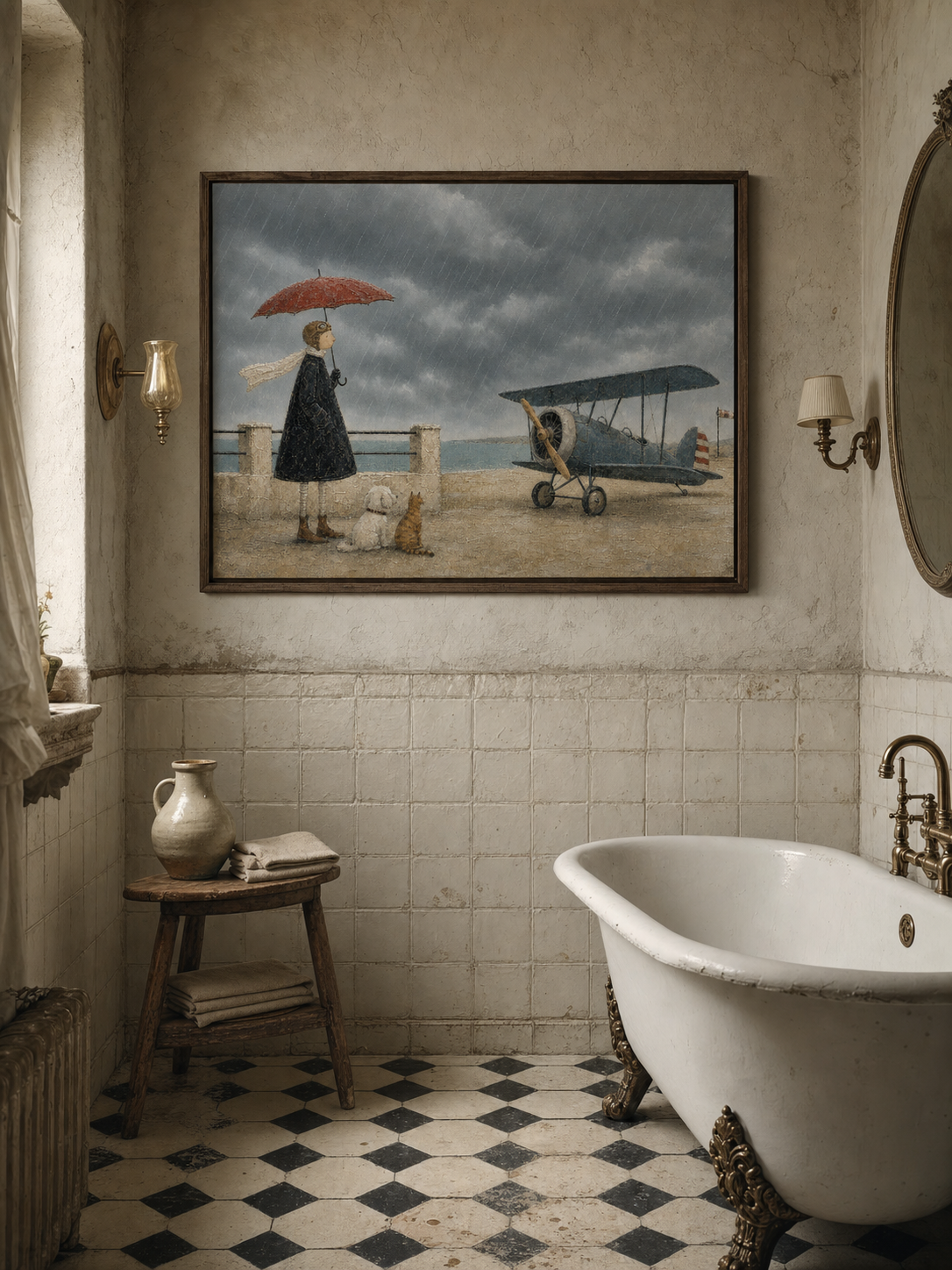 Whimsical Vintage Airplane Painting With Dog And Cat For Coastal Home Decor Art