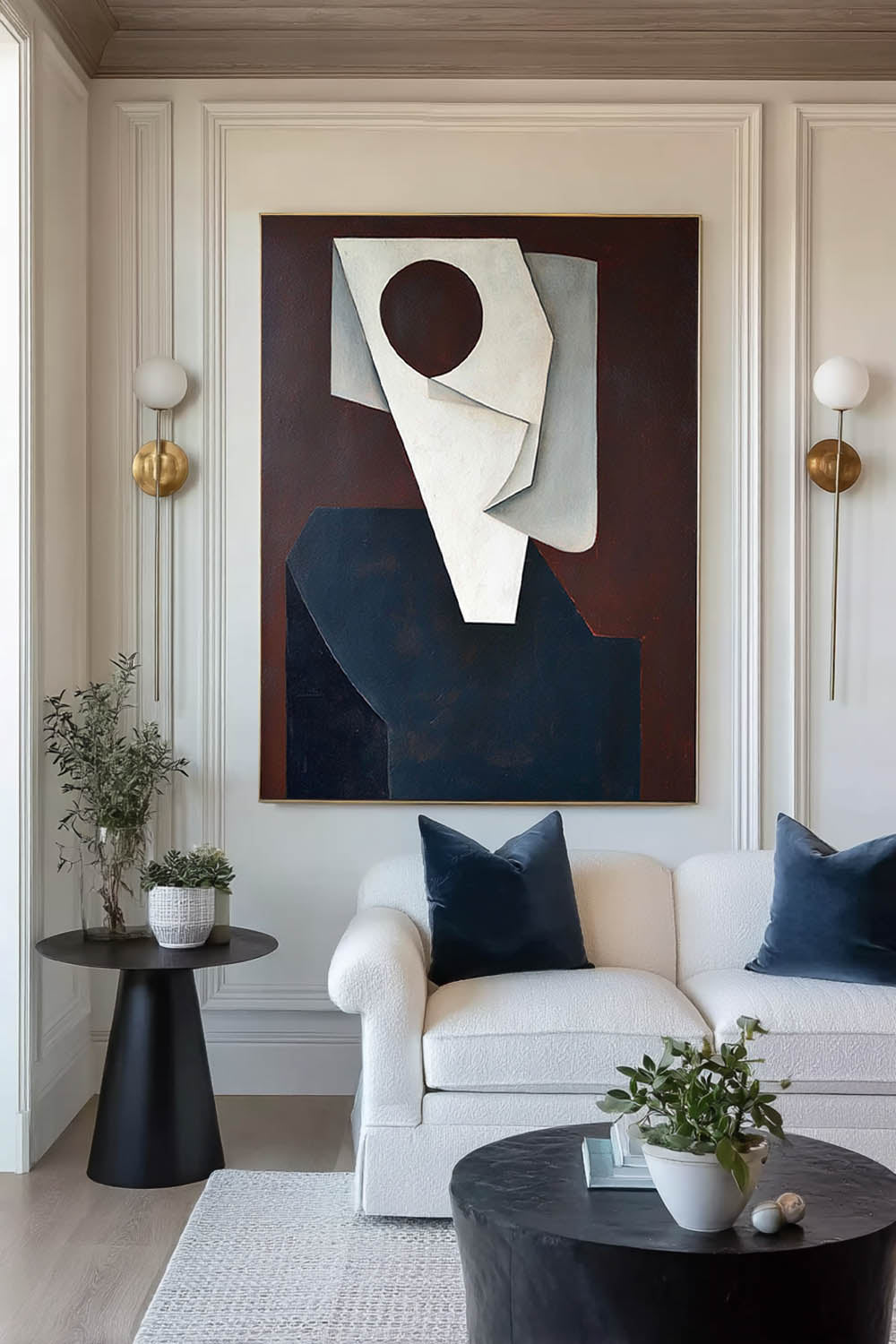 Handmade Minimalist Face Oil Painting Modern Beige Red Portrait Canvas Wall Art Large Geometric Face Canvas Art