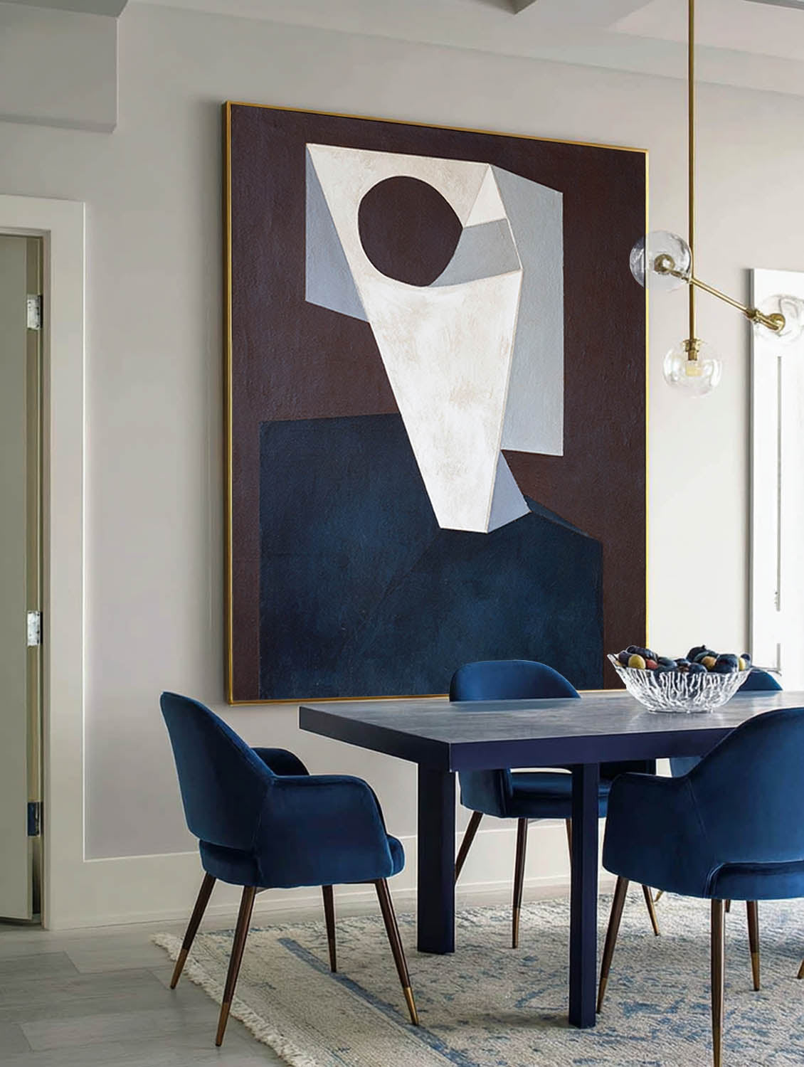 Geometric Blue And White Abstract Portrait Canvas Modern Abstract Face Art Large Blue And White Geometric Wall Art