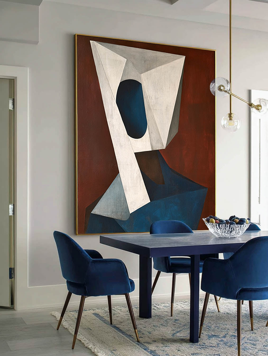 Beige And Navy Minimalist Abstract Geometric Oil Painting Modern Large Beige And Blue Geometric Abstract Oil Painting