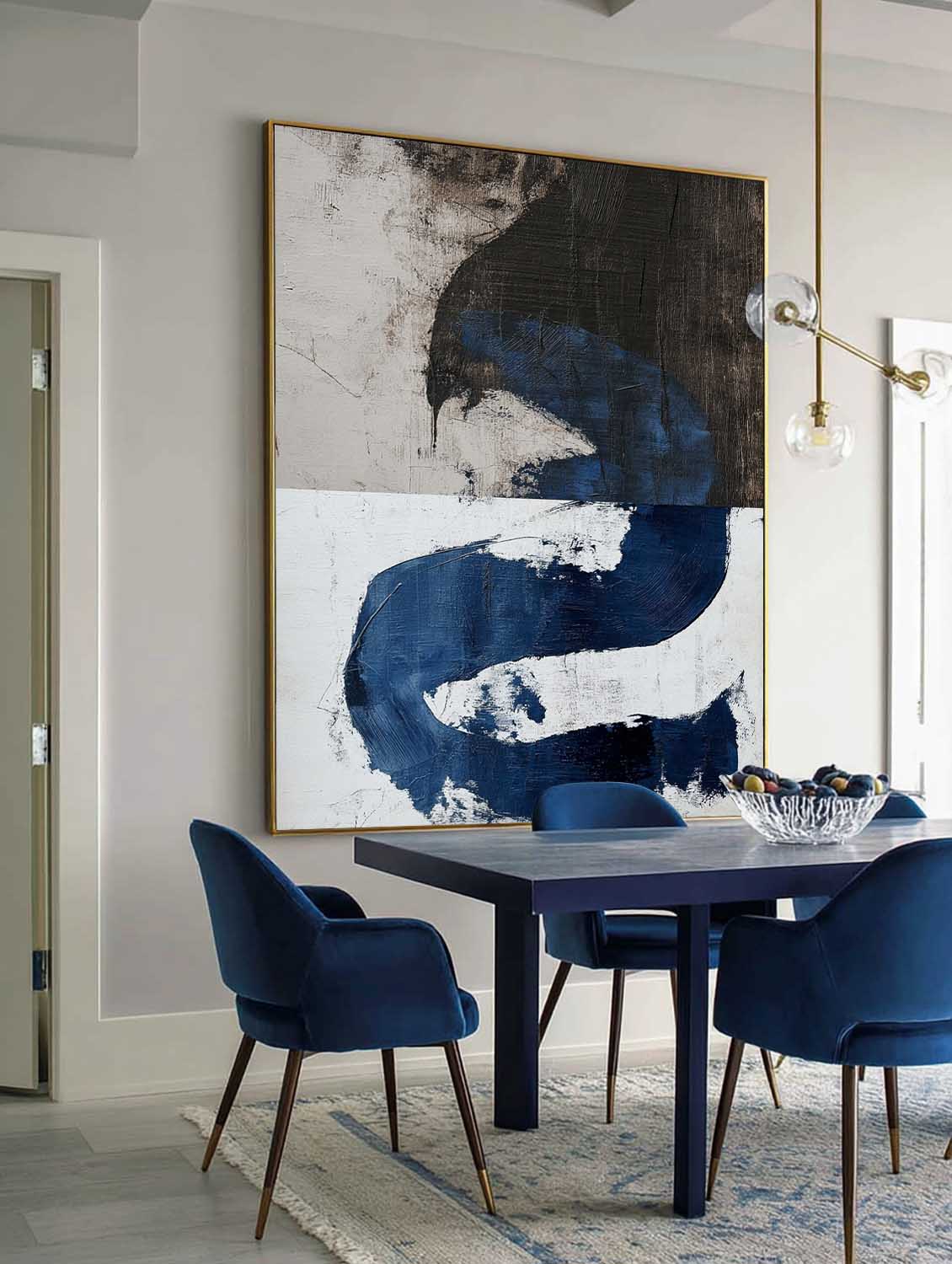 Modern Blue And Black Abstract Painting Minimalist Blue Line Textured Canvas Art Handmade Abstract Wall Decor
