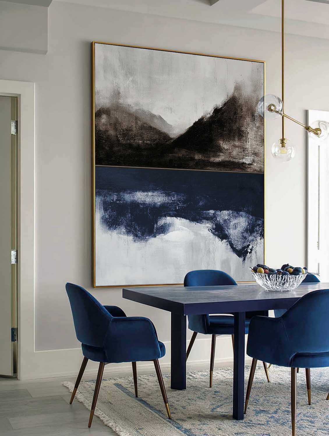 Minimalist Abstract Landscape Oil Painting Neutral Wabi Sabi Wall Art Black And Blue Handmade Canvas Painting