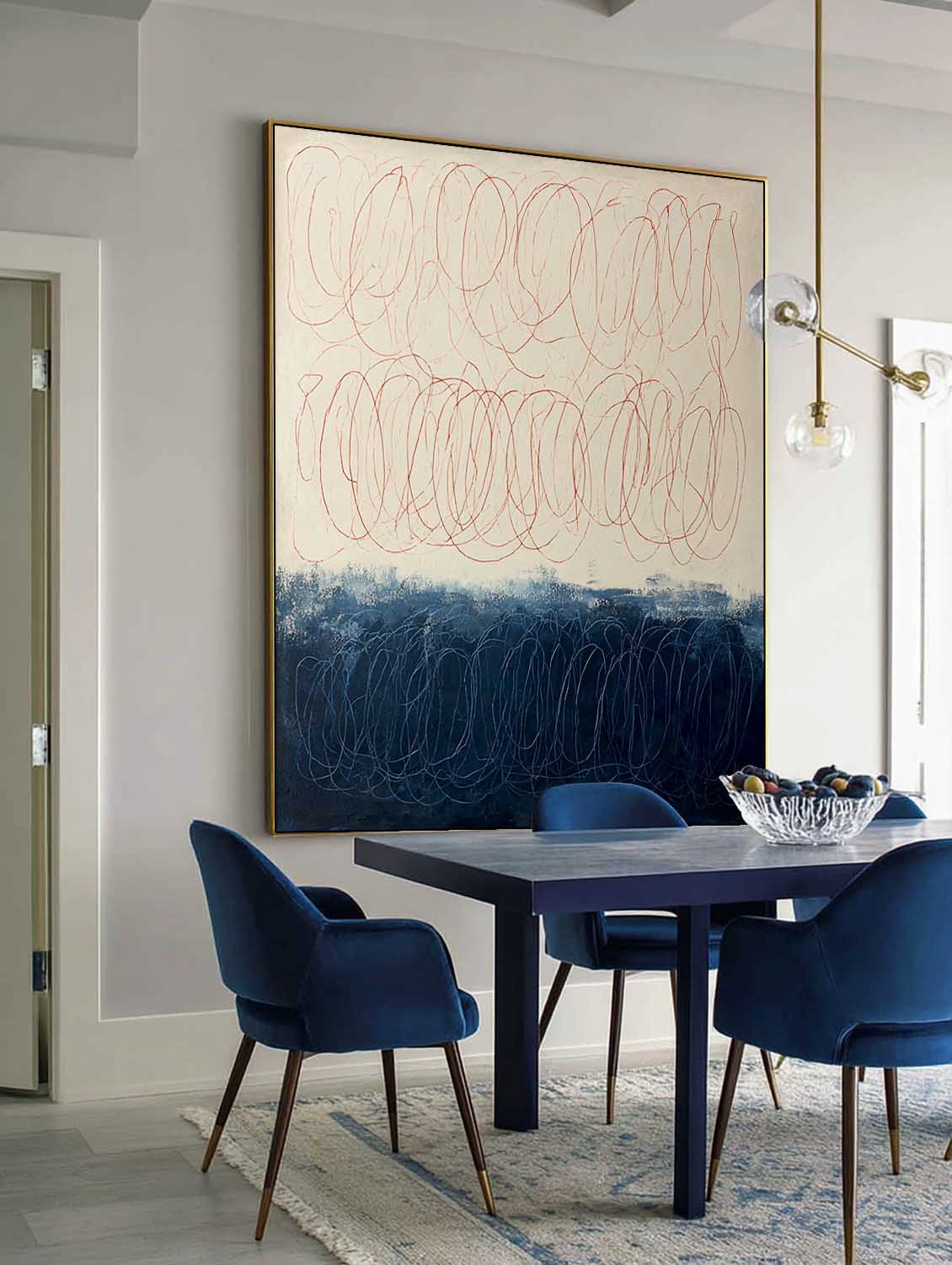 Large Minimalist Beige And Blue Abstract Line Painting Original Hand-Painted Line Wall Art Modern Neutral Beige Line Canvas Decor