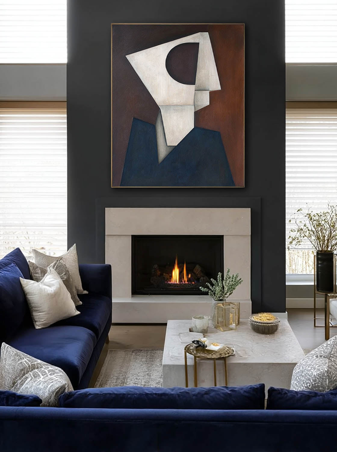 White & Blue Geometric Abstract Painting Large Handmade White And Blue Geometric Abstract Oil Painting Minimalist Cubist Wall Art