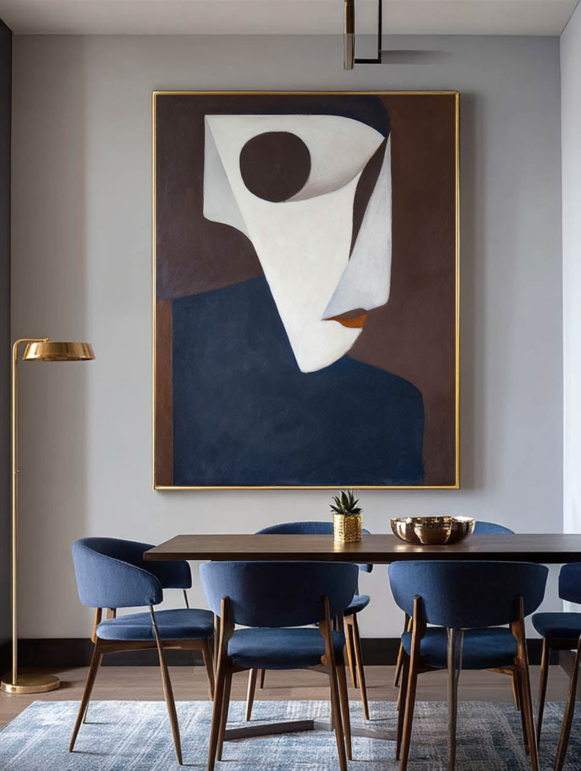 Modern Mask Like Figure In Neutral Tones Large Abstract White And Blue Oil Painting Minimalist Modern Canvas Art