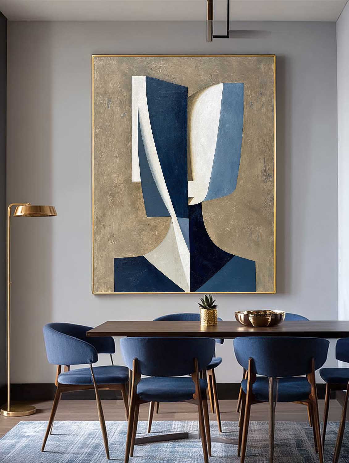 Minimalist Blue And White Face Geometric Oil Painting Large Abstract Geometric Portrait Wall Art Original Handmade Portrait Canvas