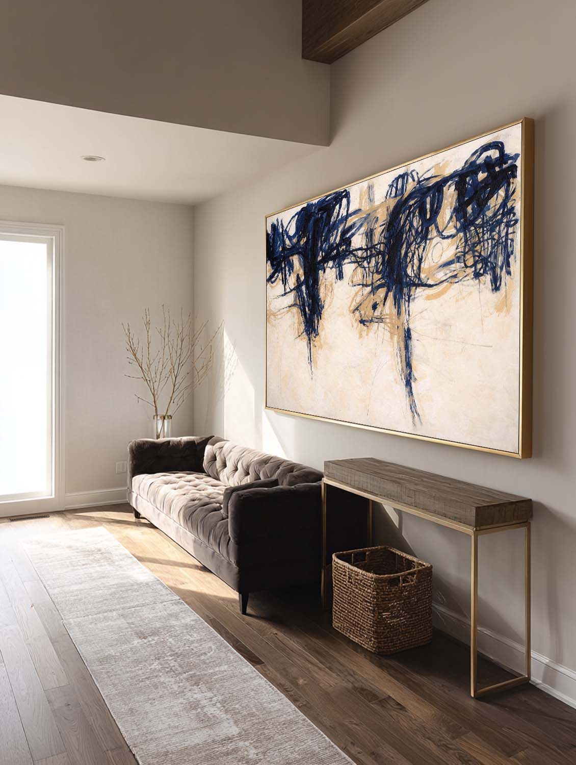 Minimalist Beige And Blue Horizontal Abstract Painting Handmade Beige Abstract Art Large Beige Wall Art For Living Room