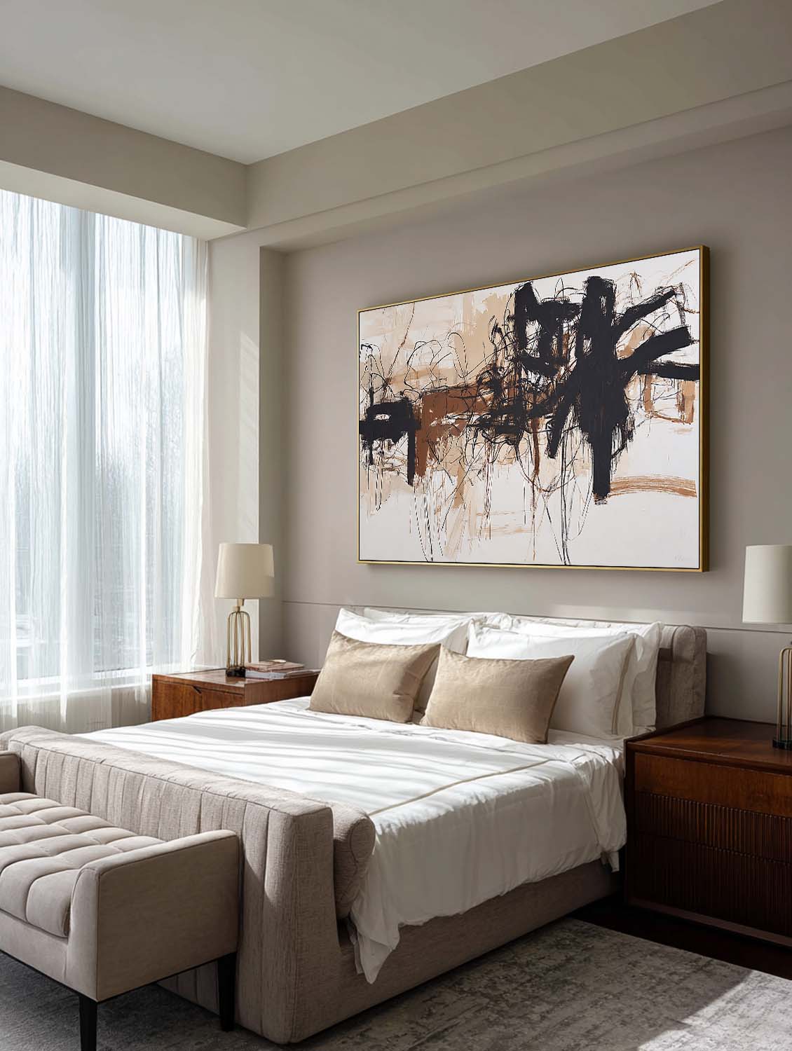 Large Textured Beige Black Abstract Art Minimalist Beige Black Abstract Painting Handmade Abstract Wall Art For Bedroom
