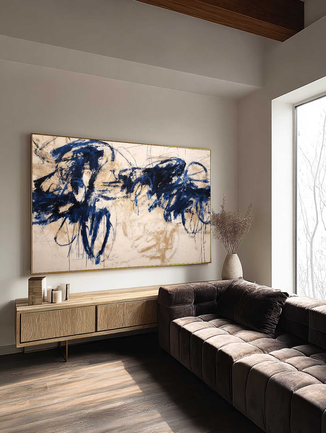 Horizontal Beige Abstract Line Art Painting Minimalist Horizontal Beige Abstract Line Painting Large Blue Line Wall Art