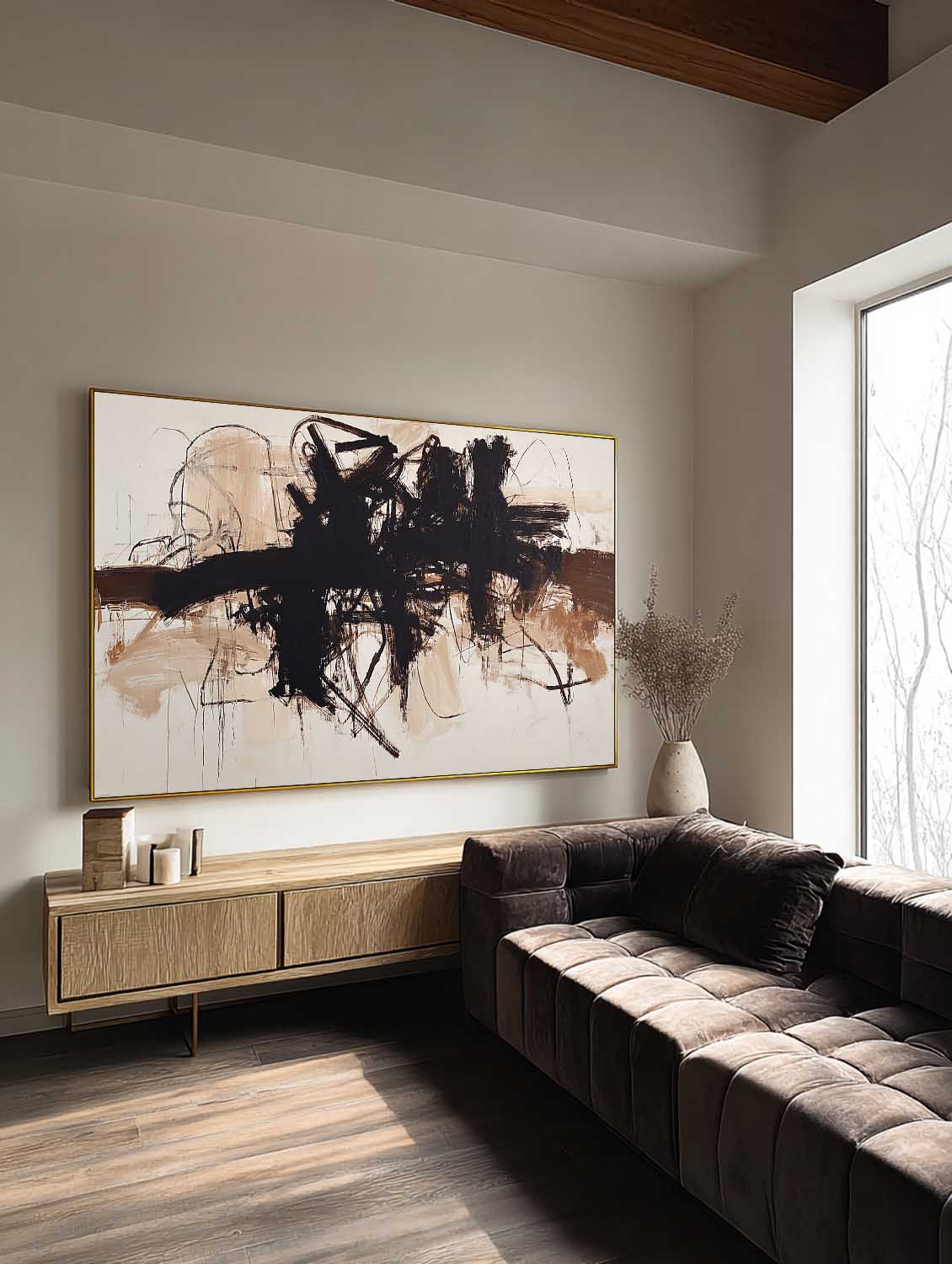 Minimalist Beige And Blue Horizontal Abstract Painting Handmade Beige Abstract Art Large Beige Wall Art For Living Room