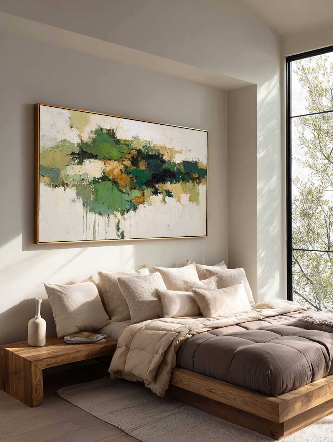Handmade Green And Beige Textured Canvas Long Horizontal Modern Abstract Art Long Horizontal Neutral Canvas Wall Art
