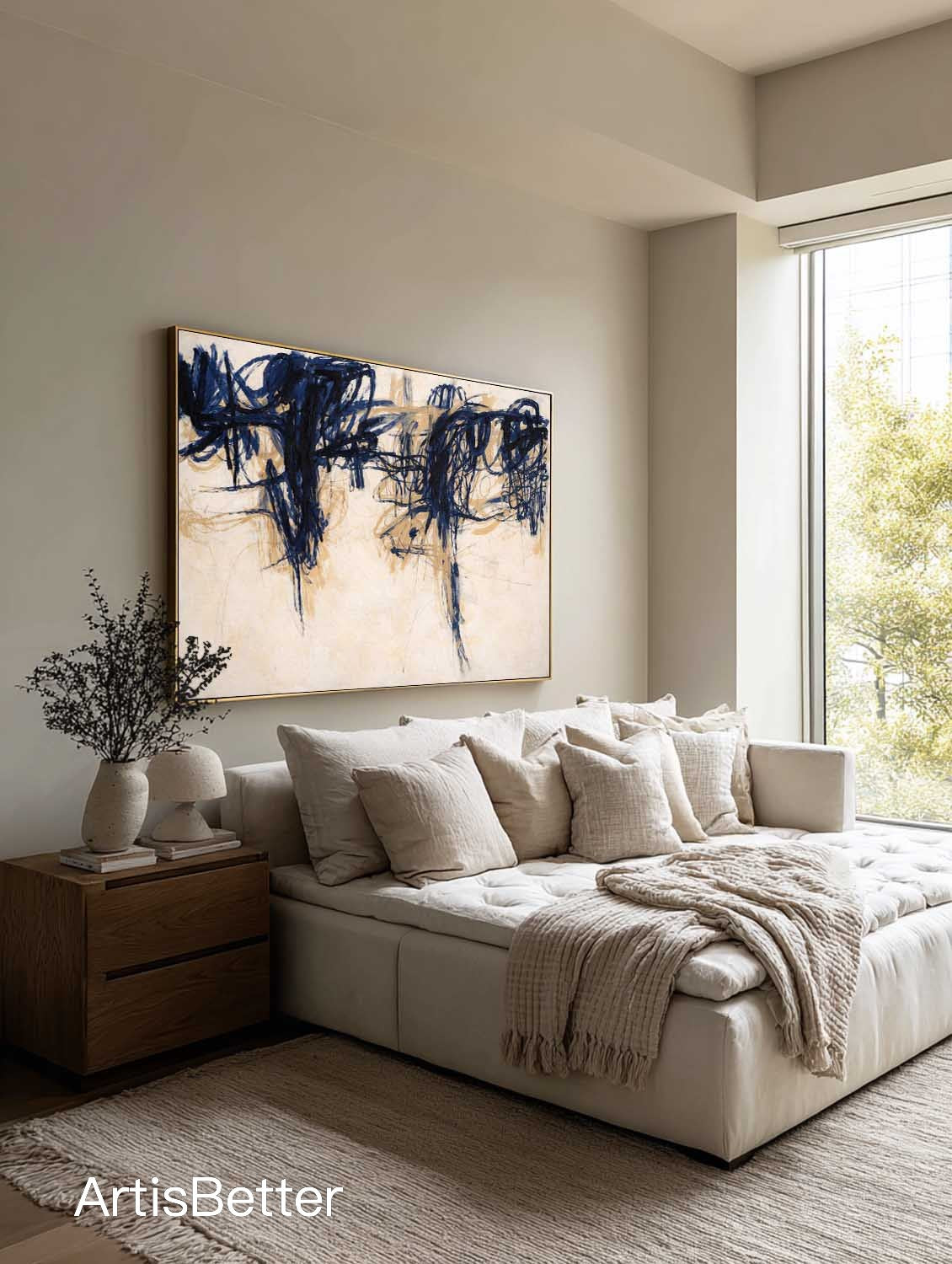 Minimalist Beige And Blue Horizontal Abstract Painting Handmade Beige Abstract Art Large Beige Wall Art For Living Room