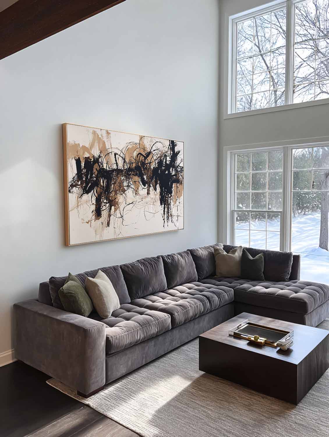 Contemporary Beige And Black Abstract Wall Art Neutral Black Abstract Oil Painting Large Textured Canvas For Modern Home Decor