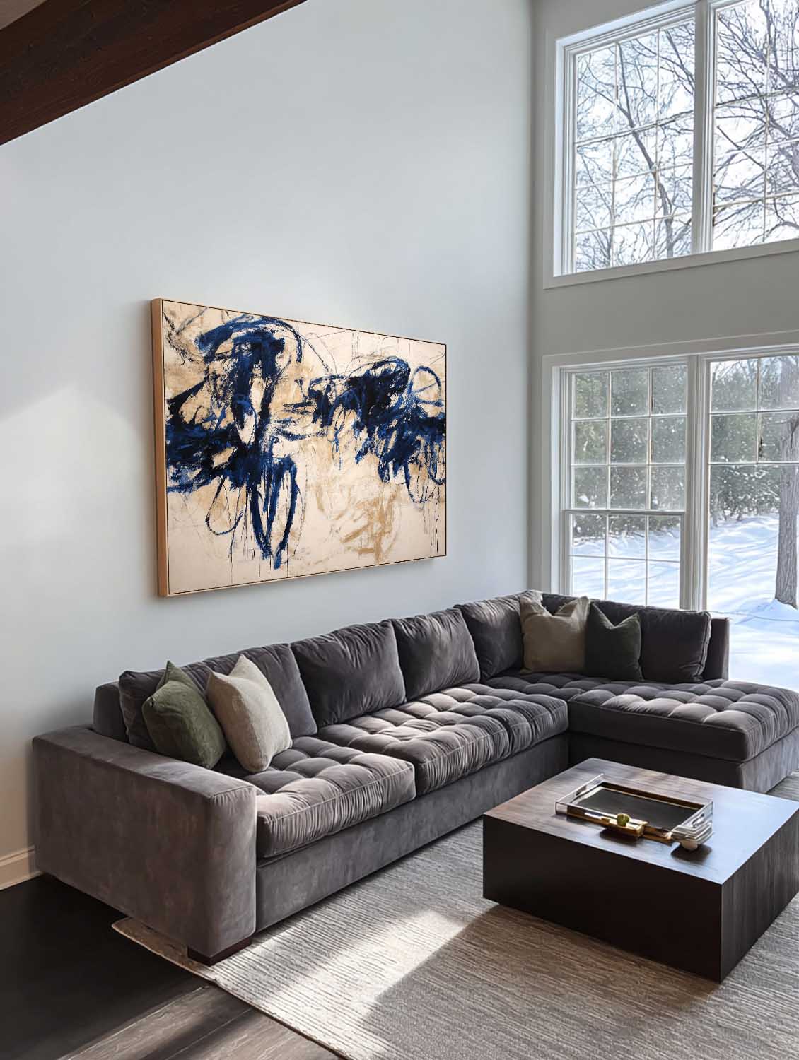 Horizontal Beige Abstract Line Art Painting Minimalist Horizontal Beige Abstract Line Painting Large Blue Line Wall Art