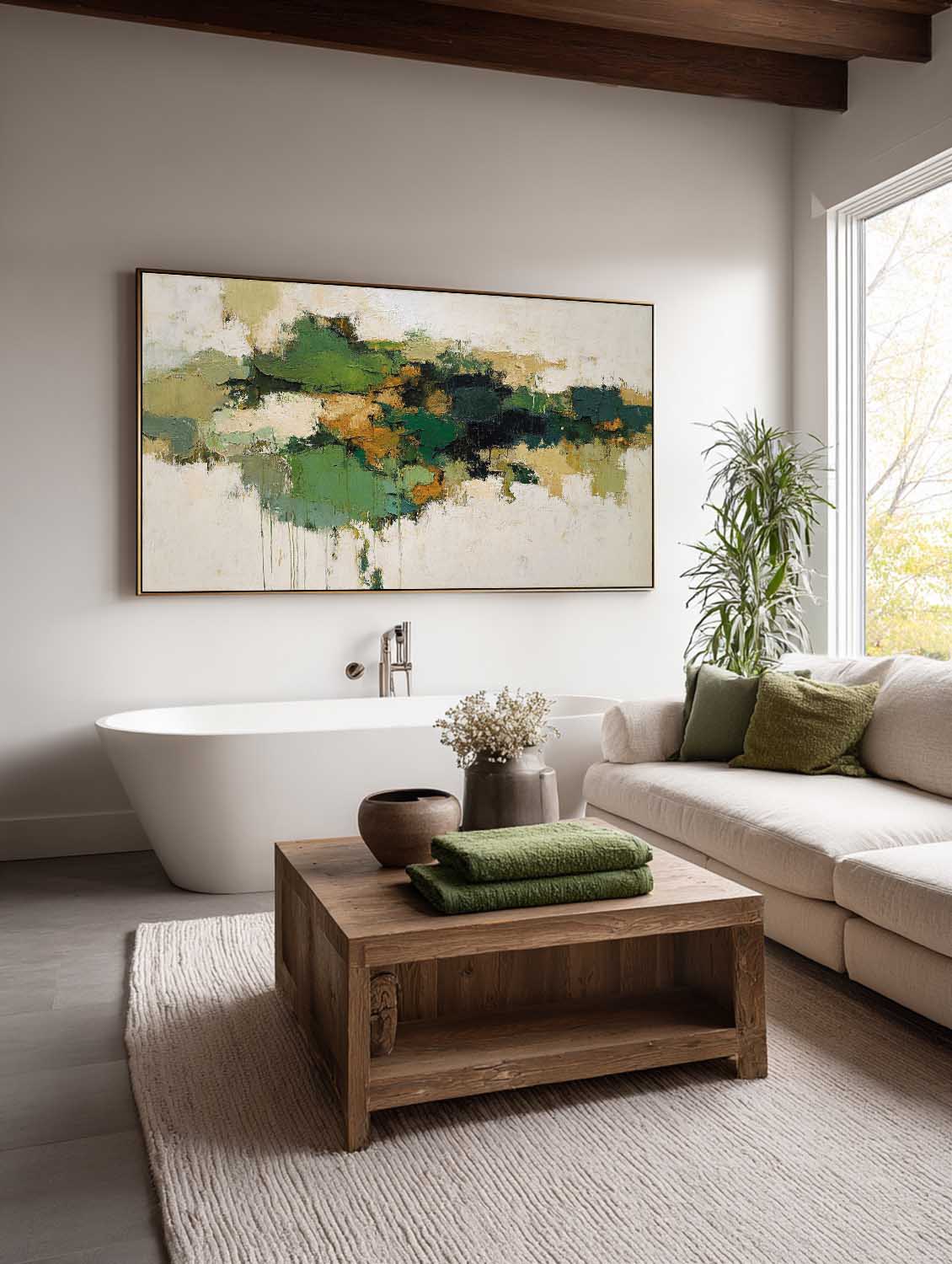 Handmade Green And Beige Textured Canvas Long Horizontal Modern Abstract Art Long Horizontal Neutral Canvas Wall Art