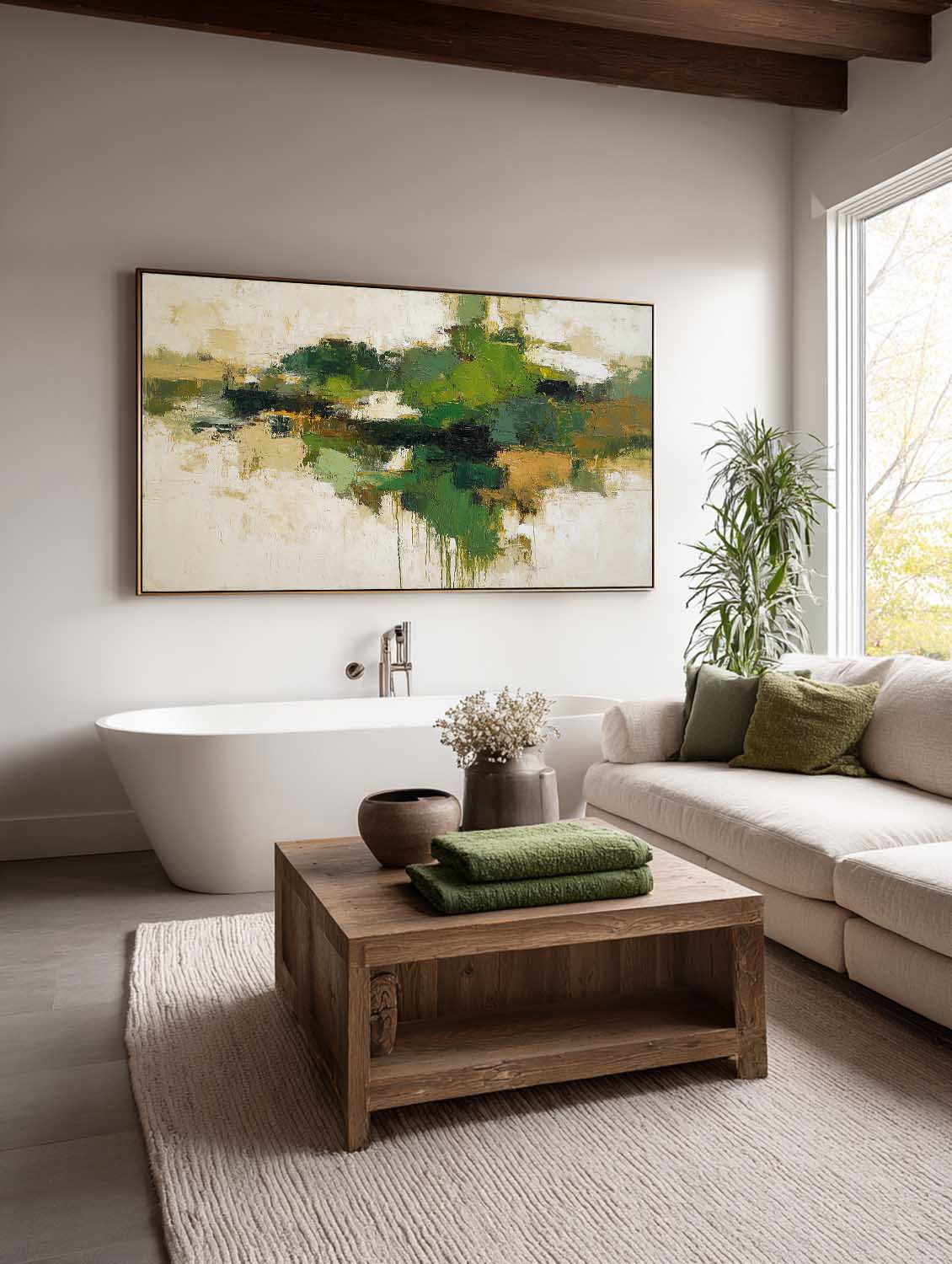 Neutral Green Abstract Textured Oil Painting Horizontal Beige And Green Canvas Wall Art Neutral Green Abstract Oil Painting