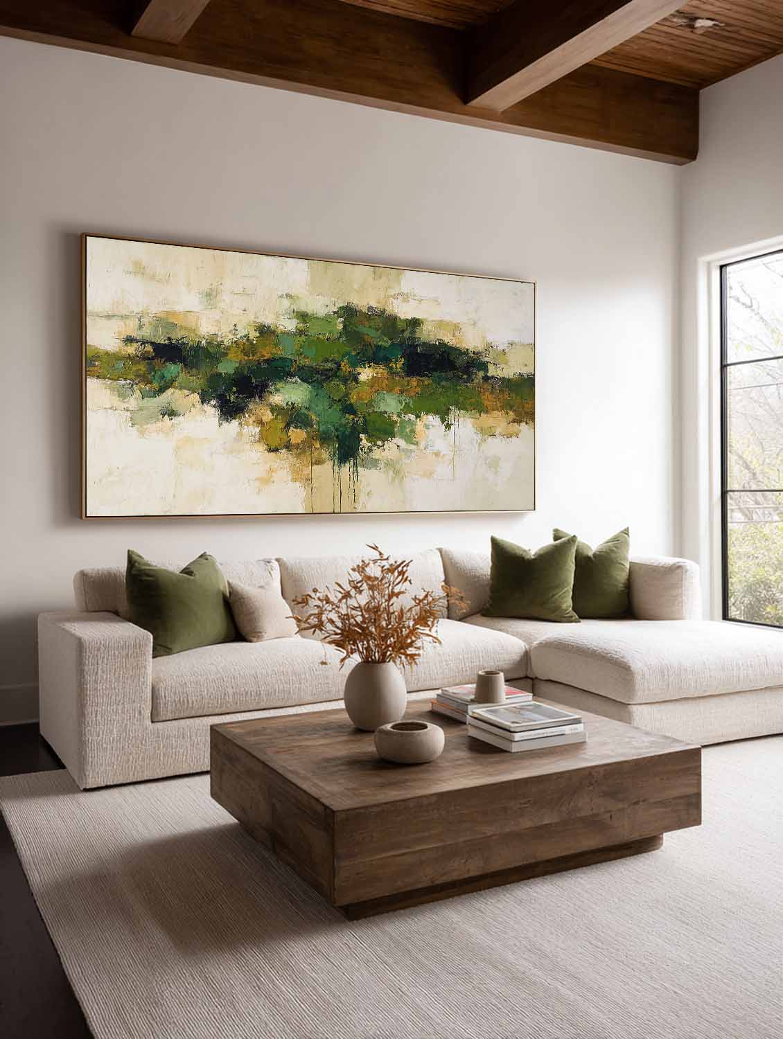 Long Horizontal Green Abstract Wall Art Minimalist Green Abstract Texture Wall Art Original Green And Beige Abstract Art