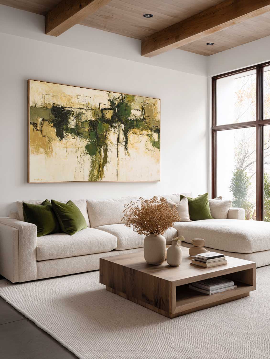 Horizontal Olive Green Abstract Painting Large Horizontal Green And Beige Abstract Art Contemporary Textured Wall Decor