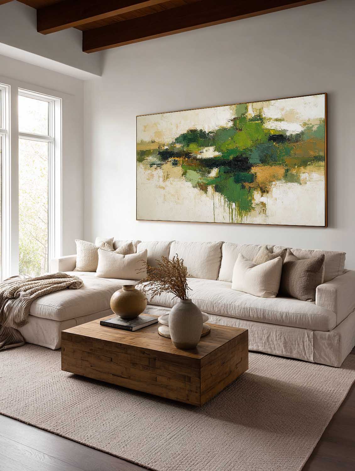 Neutral Green Abstract Textured Oil Painting Horizontal Beige And Green Canvas Wall Art Neutral Green Abstract Oil Painting