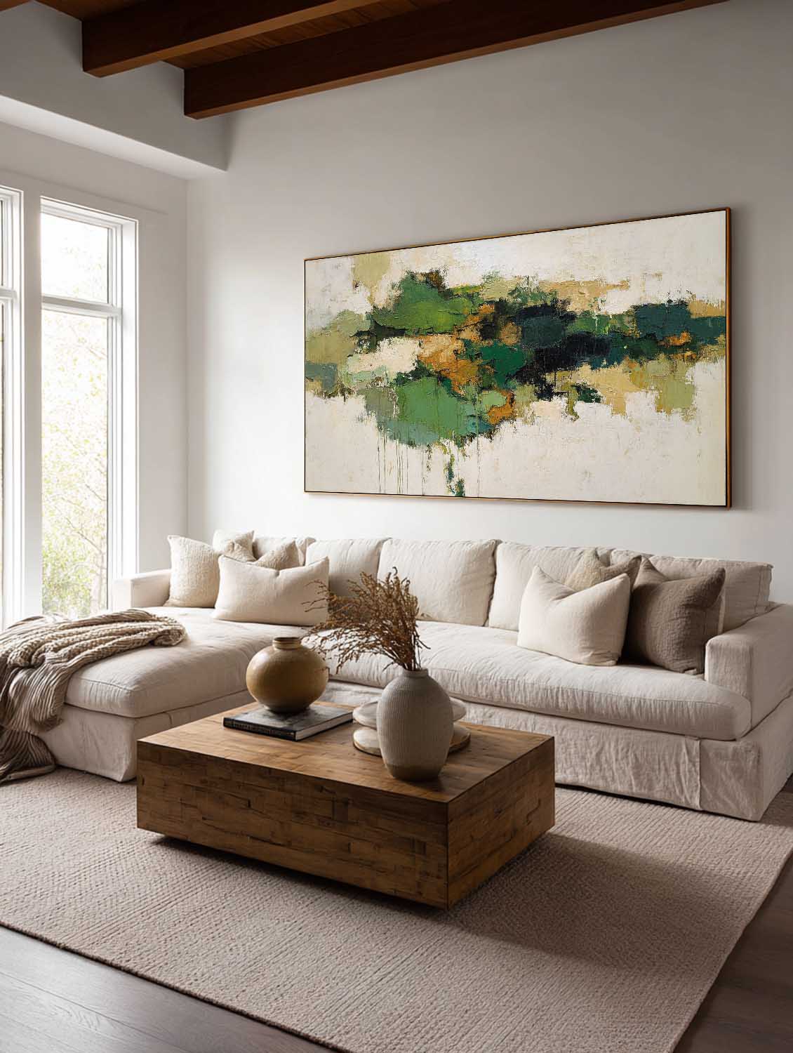 Handmade Green And Beige Textured Canvas Long Horizontal Modern Abstract Art Long Horizontal Neutral Canvas Wall Art