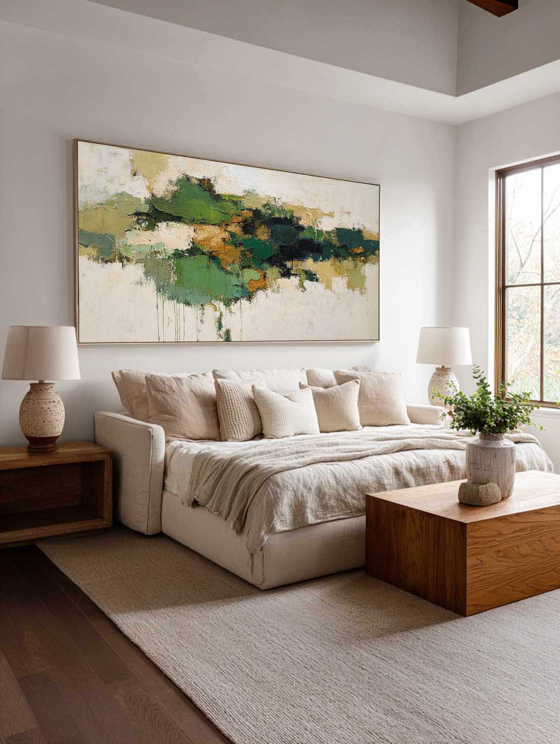 Handmade Green And Beige Textured Canvas Long Horizontal Modern Abstract Art Long Horizontal Neutral Canvas Wall Art