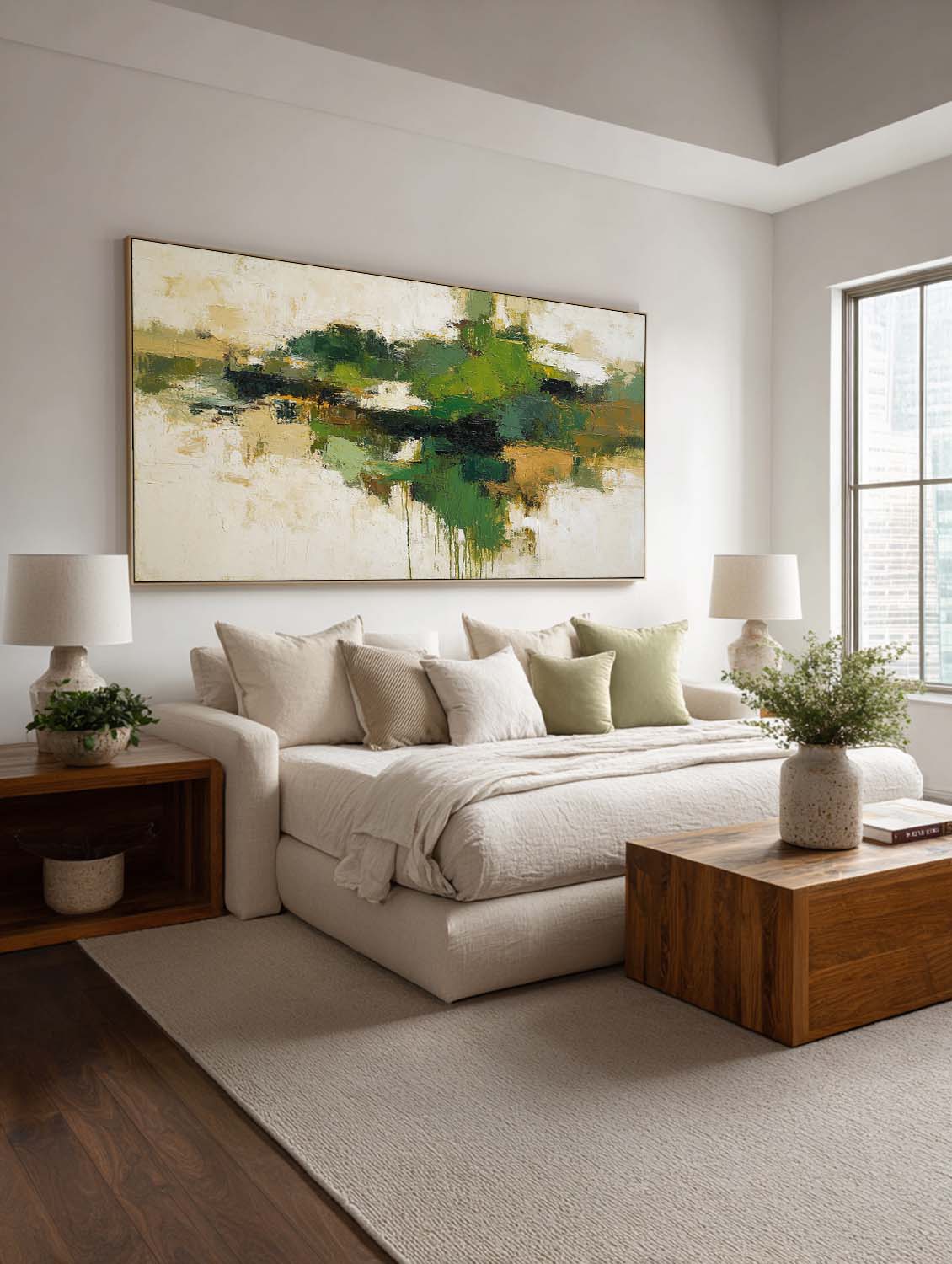 Neutral Green Abstract Textured Oil Painting Horizontal Beige And Green Canvas Wall Art Neutral Green Abstract Oil Painting