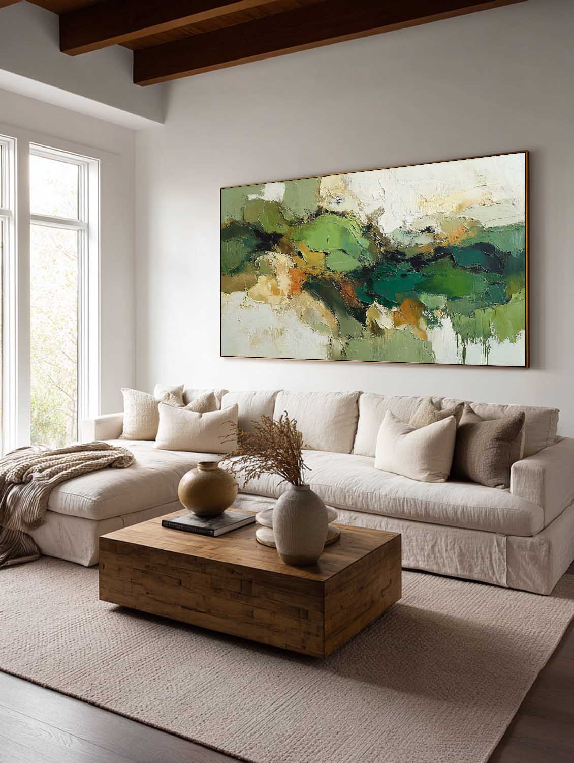 Large Green Texture Abstract Art Green And Beige Modern Abstract Painting Horizontal Neutral Green Textured Canvas