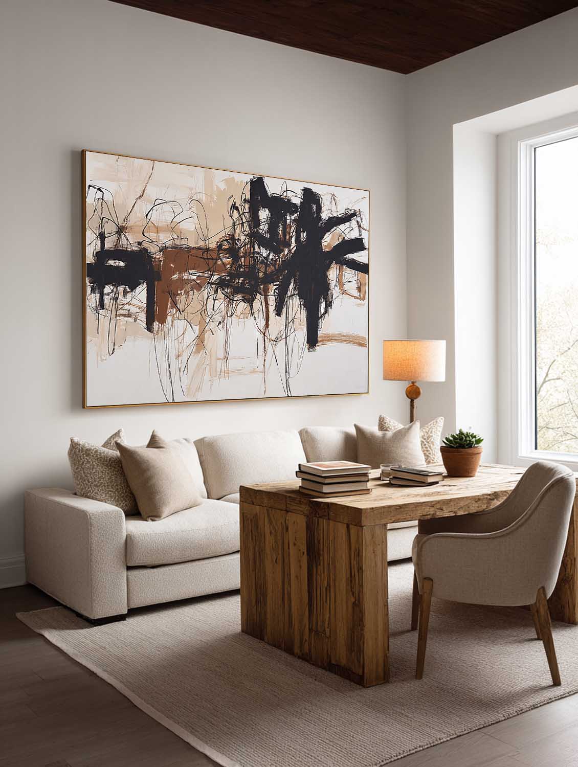 Large Textured Beige Black Abstract Art Minimalist Beige Black Abstract Painting Handmade Abstract Wall Art For Bedroom