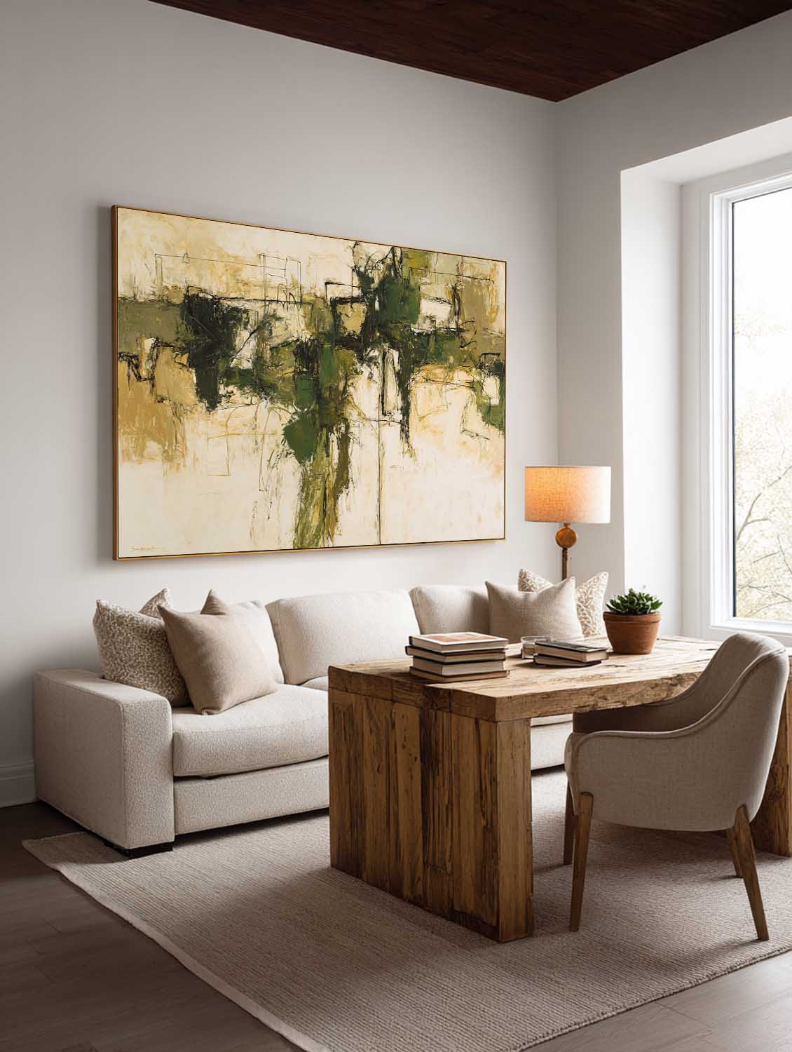 Horizontal Olive Green Abstract Painting Large Horizontal Green And Beige Abstract Art Contemporary Textured Wall Decor