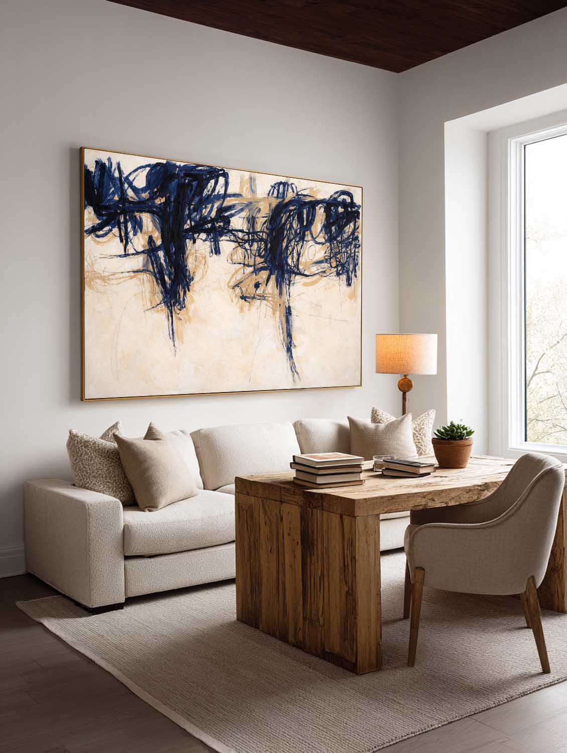 Minimalist Beige And Blue Horizontal Abstract Painting Handmade Beige Abstract Art Large Beige Wall Art For Living Room