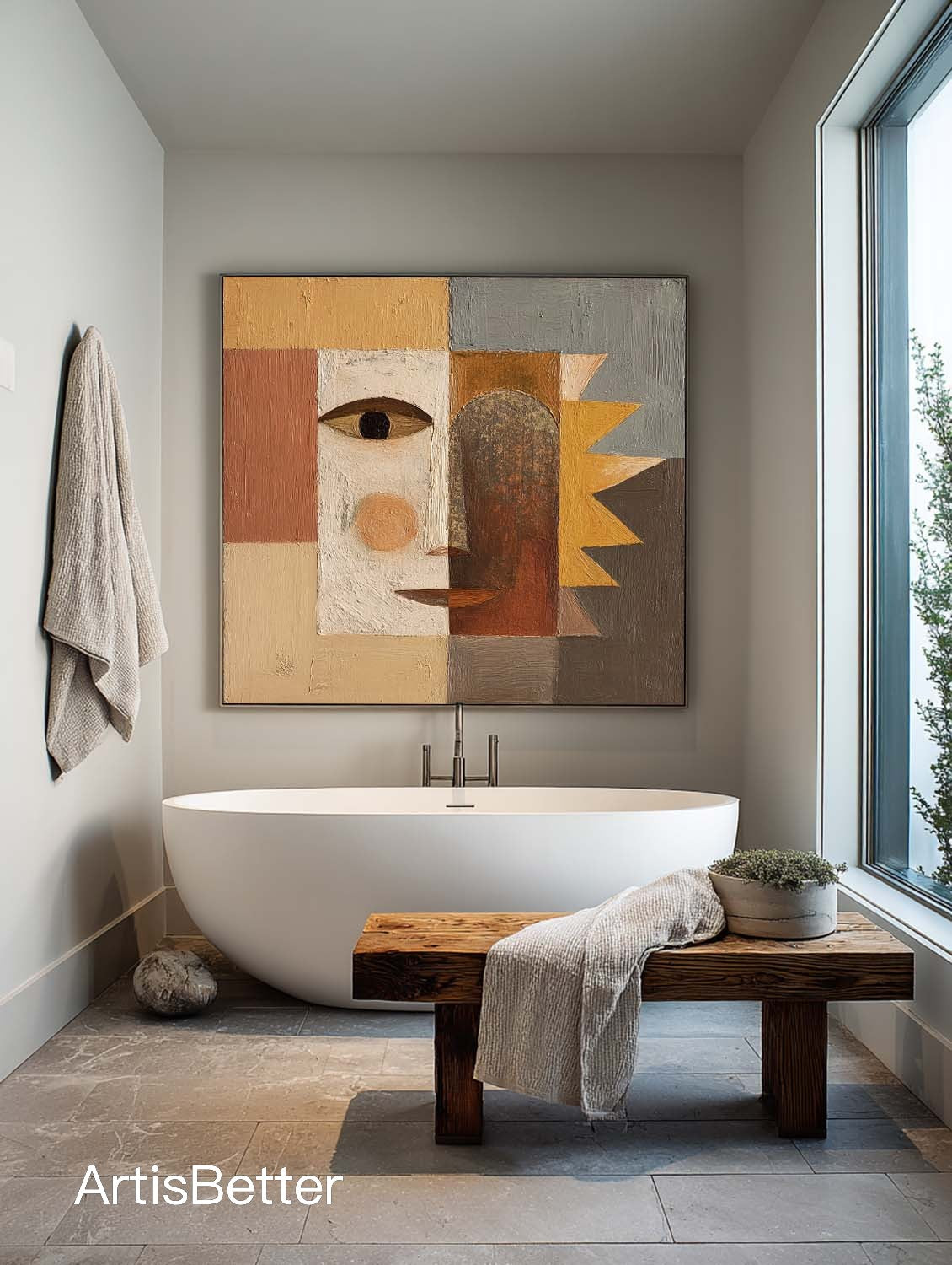 Contemporary Brown And Cream Geometric Portrait Painting Handmade Brown And Beige Geometric Abstract Painting
