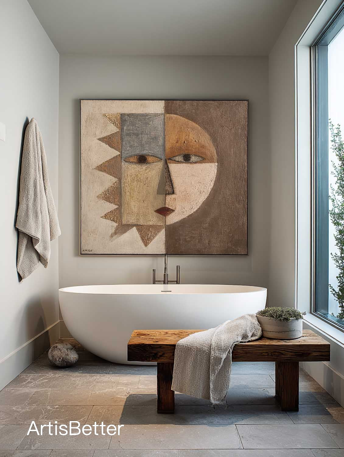 Neutral Textured Geometric Abstract Face Art Wabi Sabi Textured Abstract Portrait Painting Brown And Beige Canvas Painting