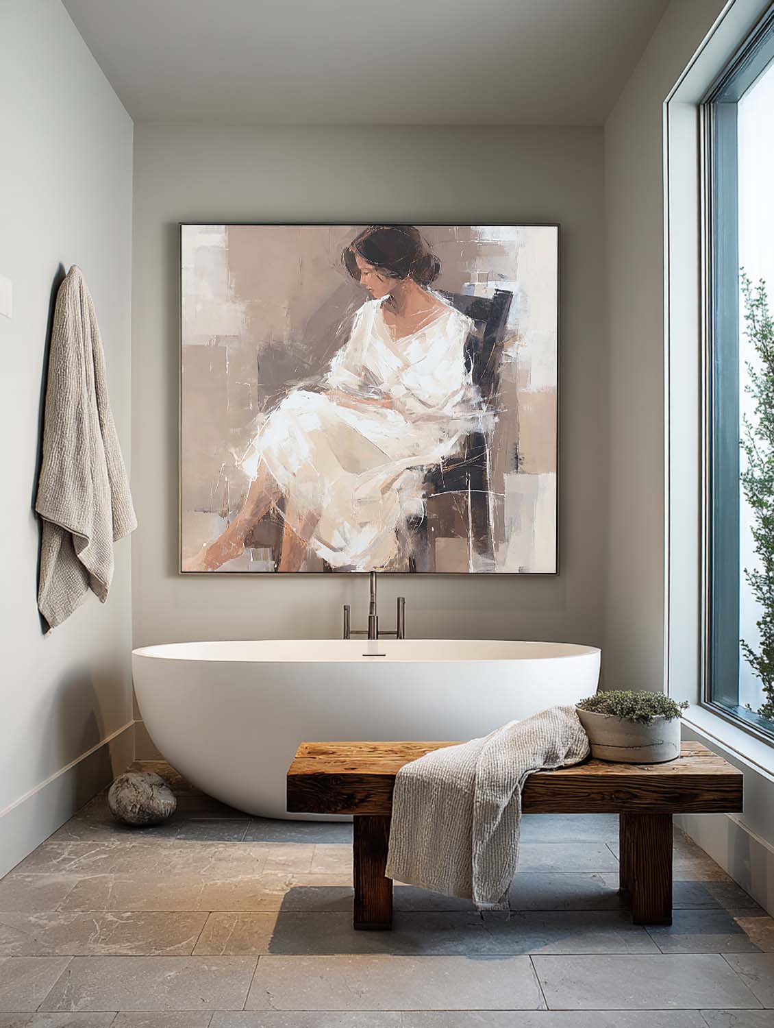 Large Abstract Female Figure Oil Painting Original White Female Figure Wall Art Minimalist Figure Oil Painting