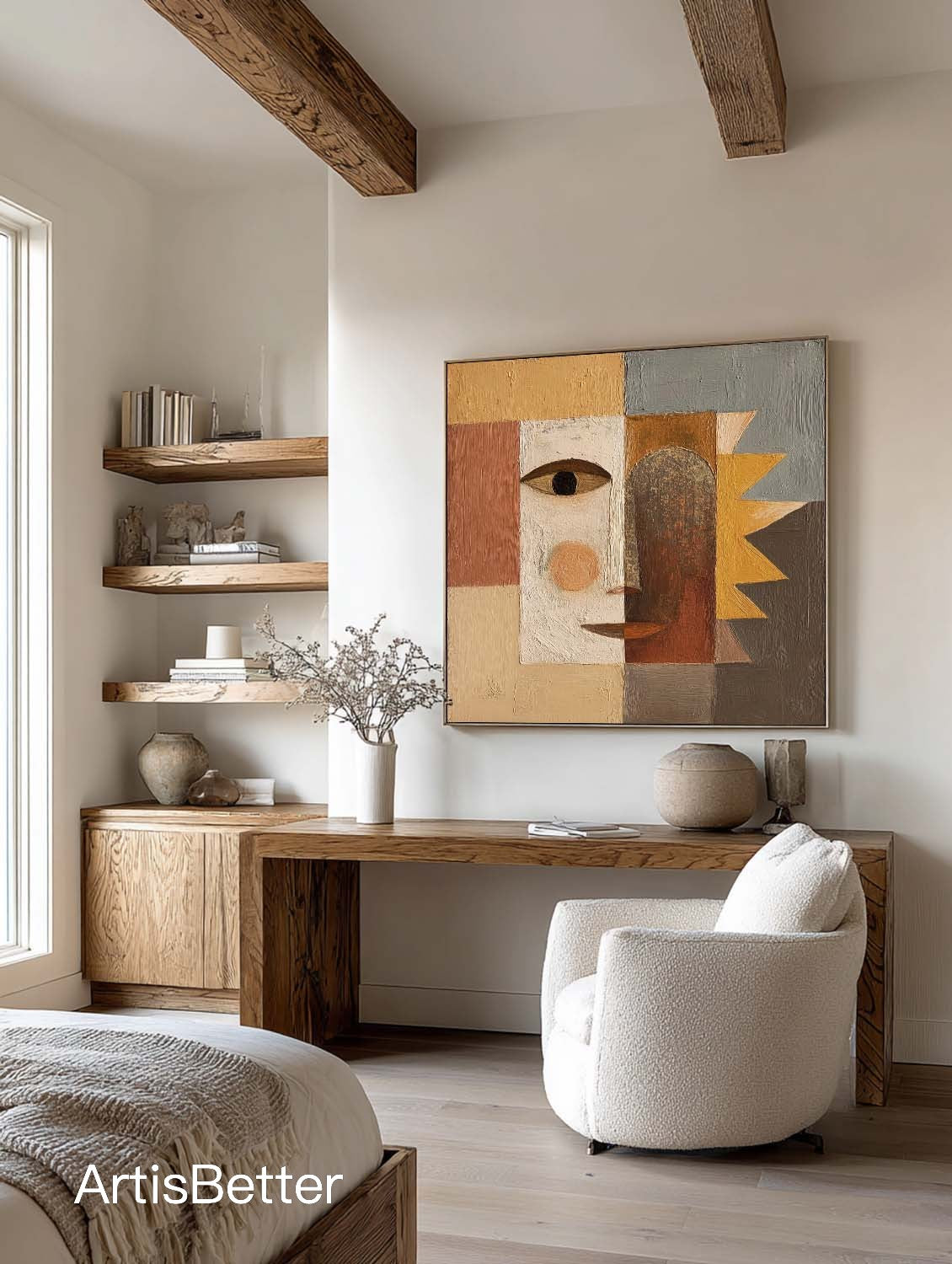 Contemporary Brown And Cream Geometric Portrait Painting Handmade Brown And Beige Geometric Abstract Painting