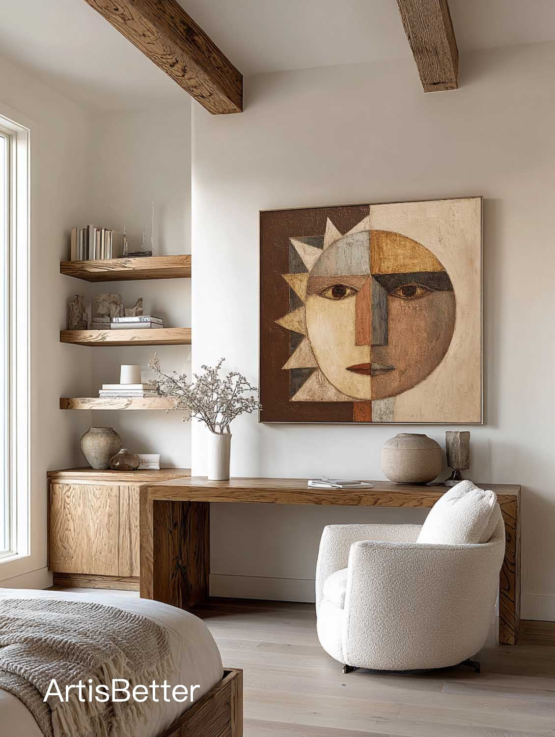 Large Textured Abstract Portrait Wall Art Minimalist Textured Geometric Abstract Artwork Brown Geometric Canvas Painting