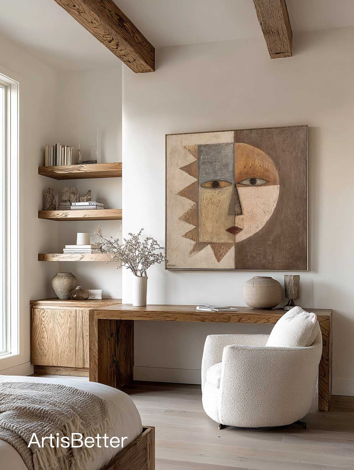 Neutral Textured Geometric Abstract Face Art Wabi Sabi Textured Abstract Portrait Painting Brown And Beige Canvas Painting