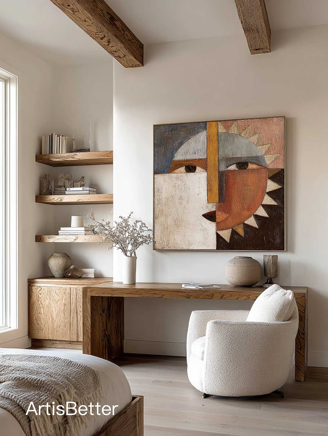 Original Abstract Sun Moon Canvas Artwork Modern Earthy Brown Geometric Abstract Oil Painting Modern Geometric Wall Art