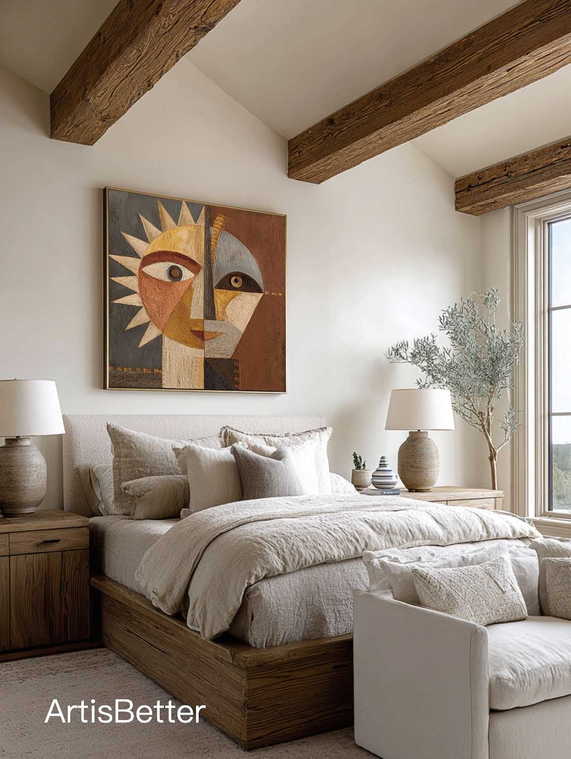 Handmade Textured Abstract Portrait Oil Painting Neutral Brown Canvas Artwork Large Textured Geometric Sun Face Art