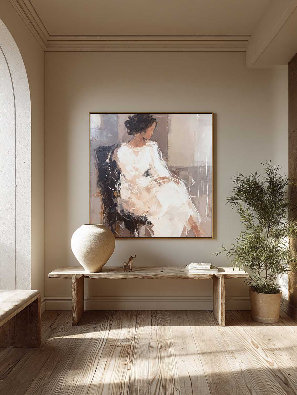 Neutral Brown Female Figure Artwork Contemporary Cream and Taupe Female Figure Art Minimalist Abstract Female Figure Painting