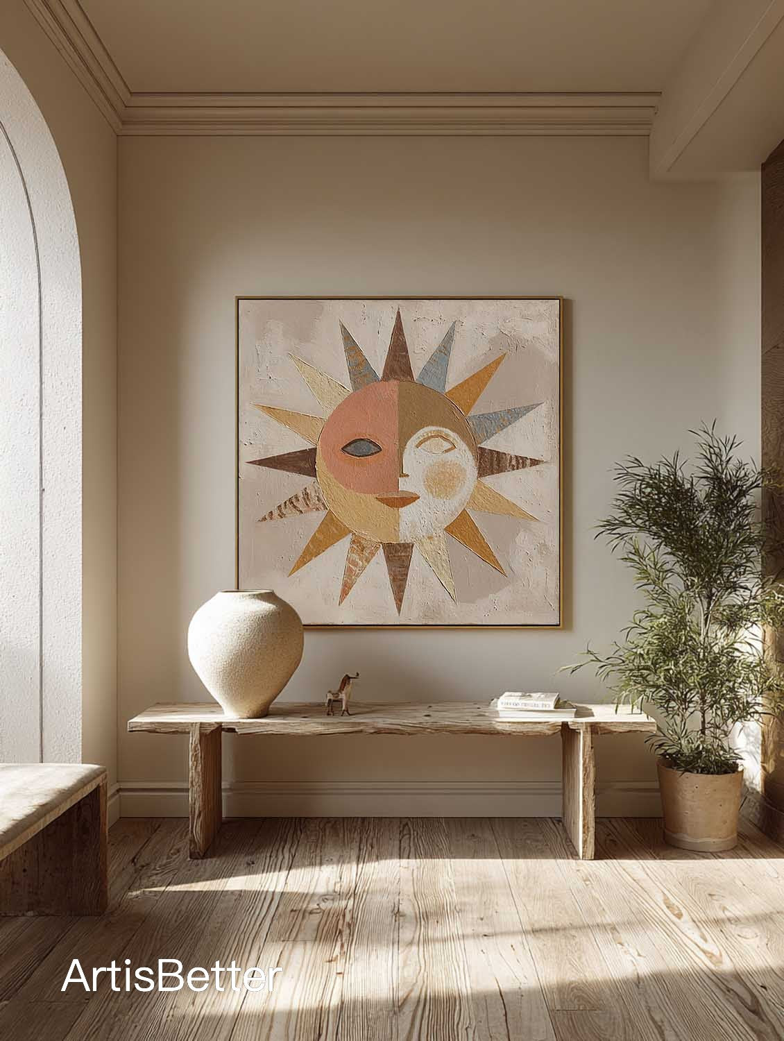 Original Textured Abstract Sun Face Wall Art Large Textured Abstract Portrait Canvas Neutral Beige Canvas Wall Art