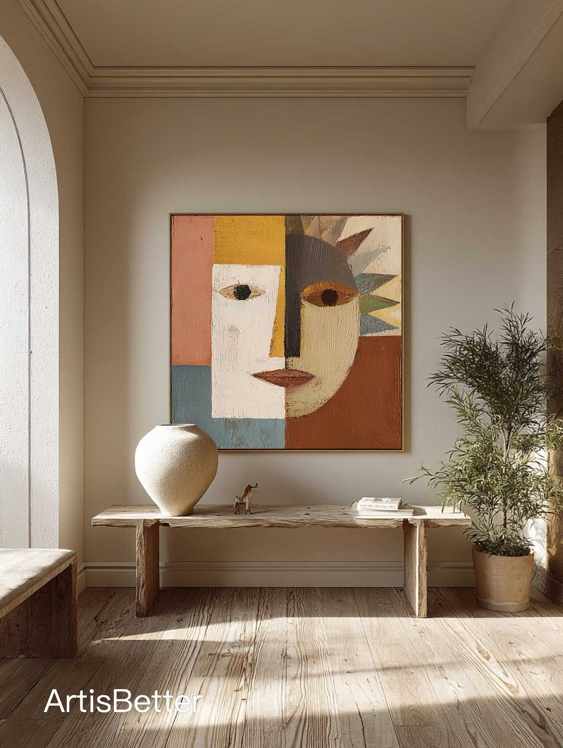 Large Brown Geometric Abstract Portrait Wall Art Minimalist Brown And Blue Geometric Abstract Face Painting