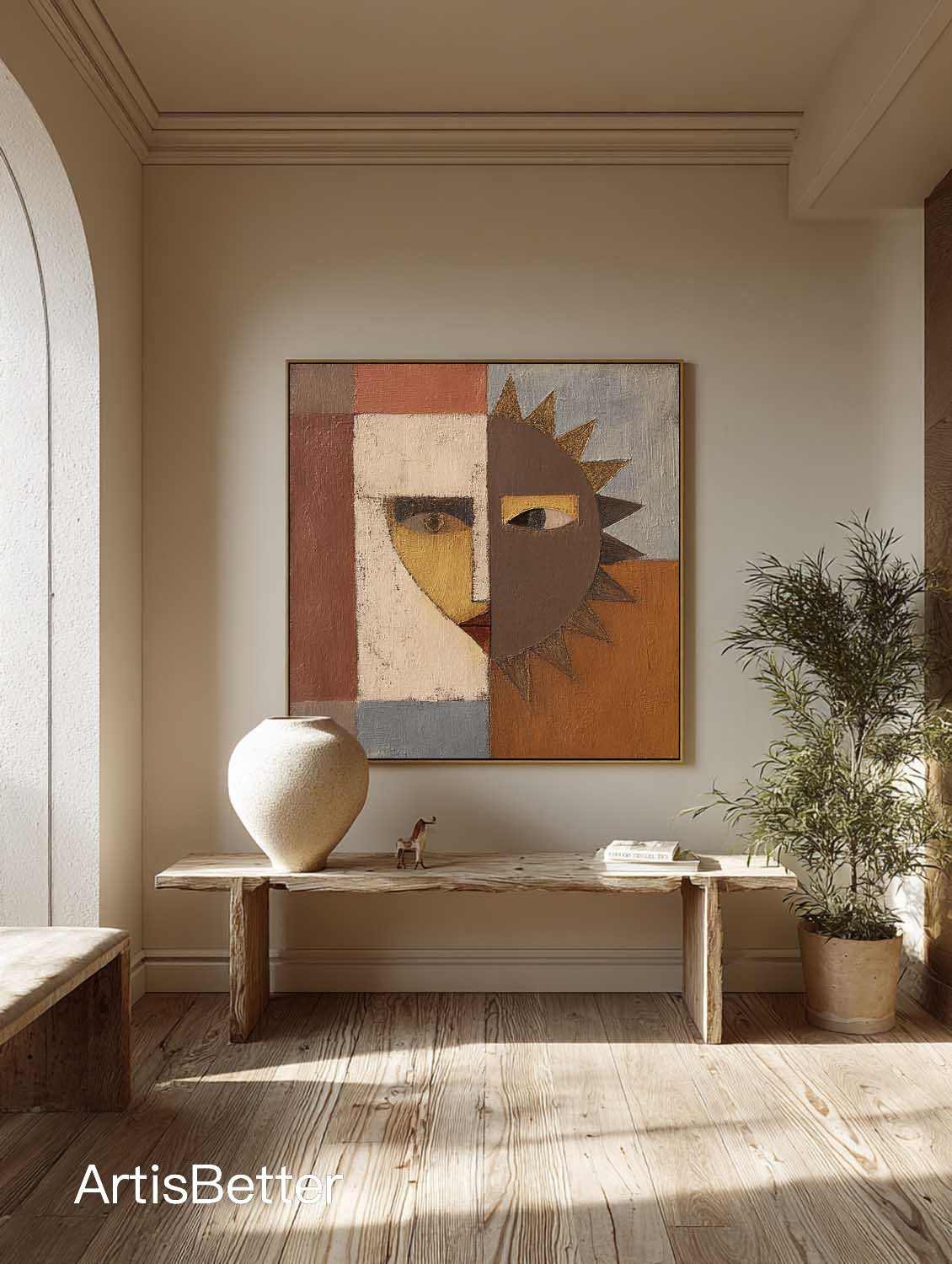 Large Abstract Sun Facial Art Handmade Colorful Geometry Oil Painting Original Earth Tone Geometric Abstract Painting