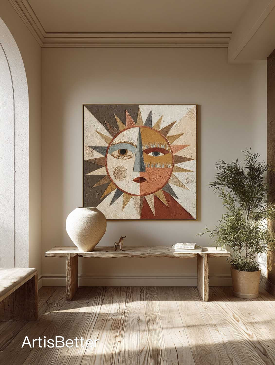 Handmade Textured Geometric Abstract Sun Face Art Original Textured Abstract Sun Face Oil Painting Neutral Earth Tone Painting