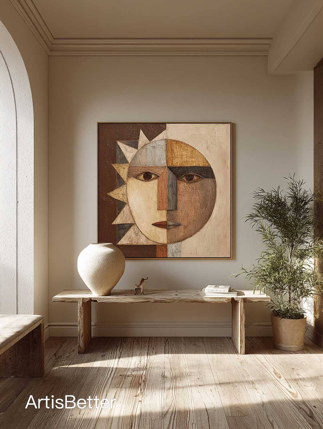 Large Textured Abstract Portrait Wall Art Minimalist Textured Geometric Abstract Artwork Brown Geometric Canvas Painting