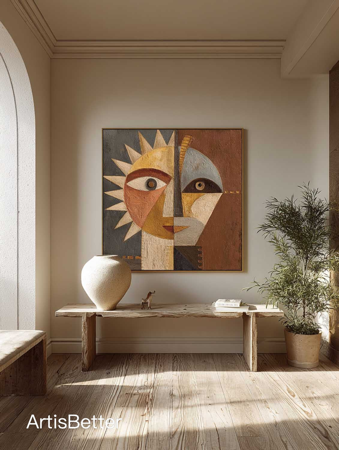 Handmade Textured Abstract Portrait Oil Painting Neutral Brown Canvas Artwork Large Textured Geometric Sun Face Art