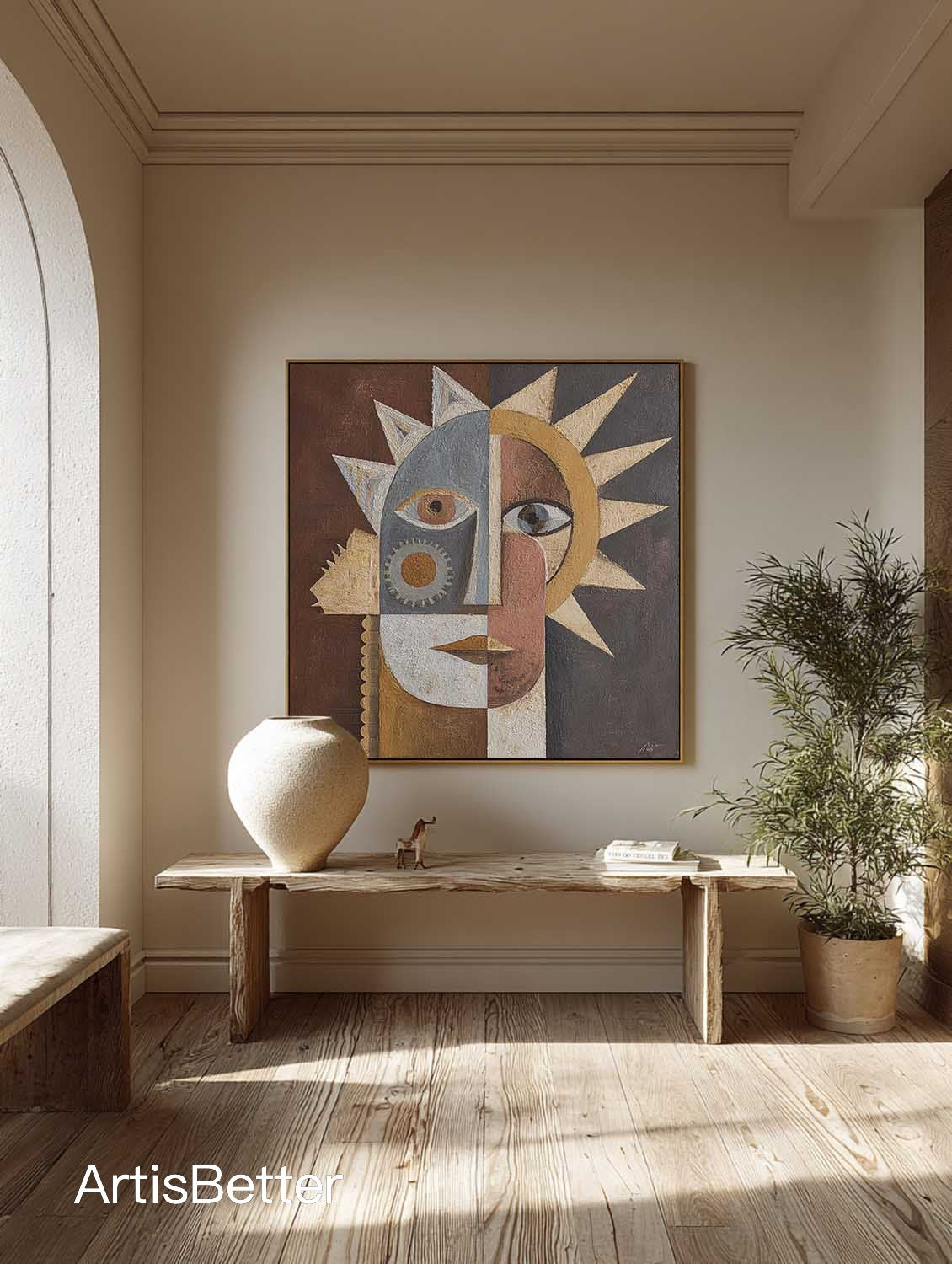 Large Textured Geometric Abstract Face Painting Contemporary Textured Abstract Sun Canvas Brown Canvas Wall Art