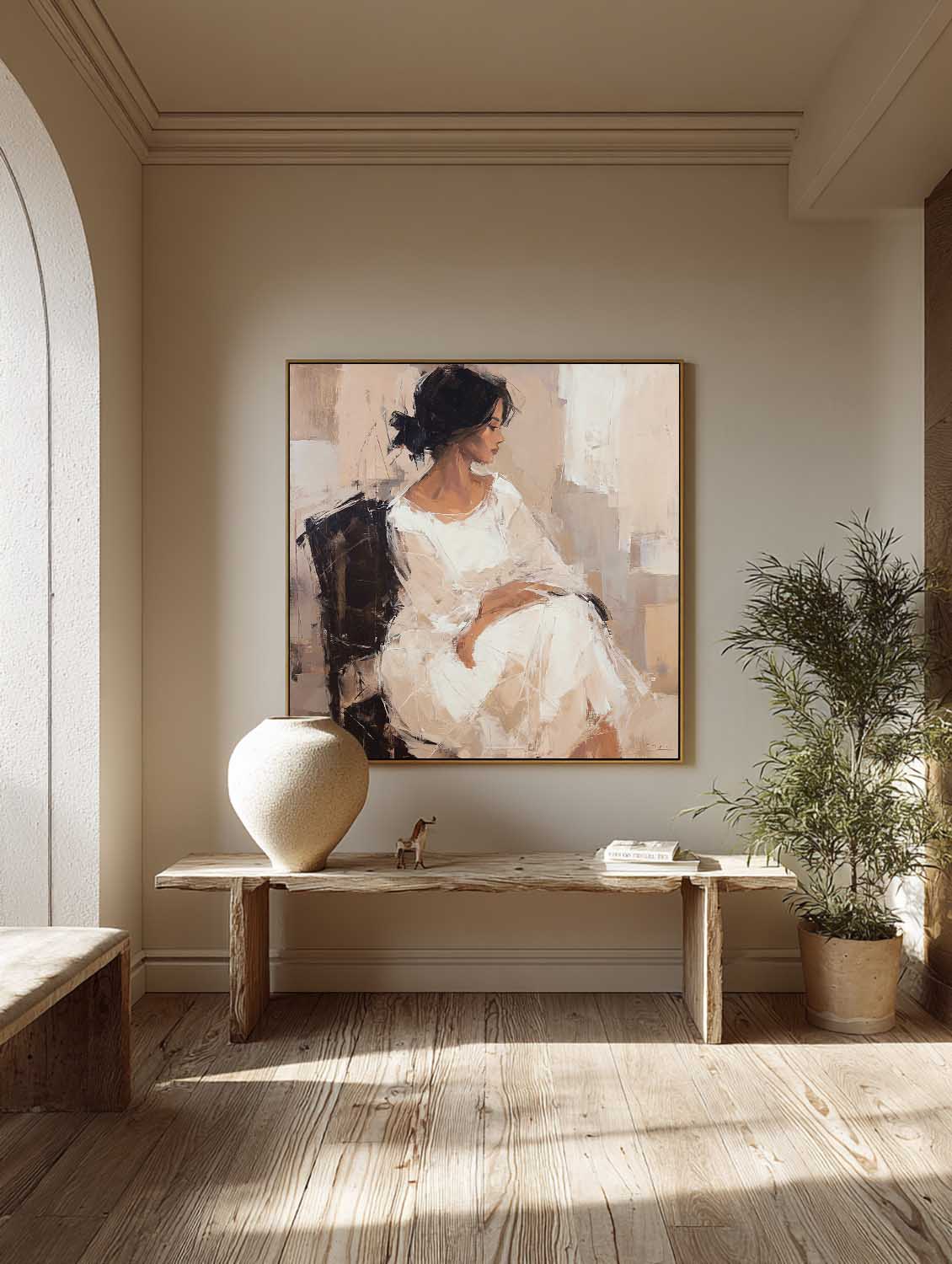 Minimalist Beige And Brown Female Portrait Painting Neutral Brown And White Female Figure Handmade Abstract Oil Painting