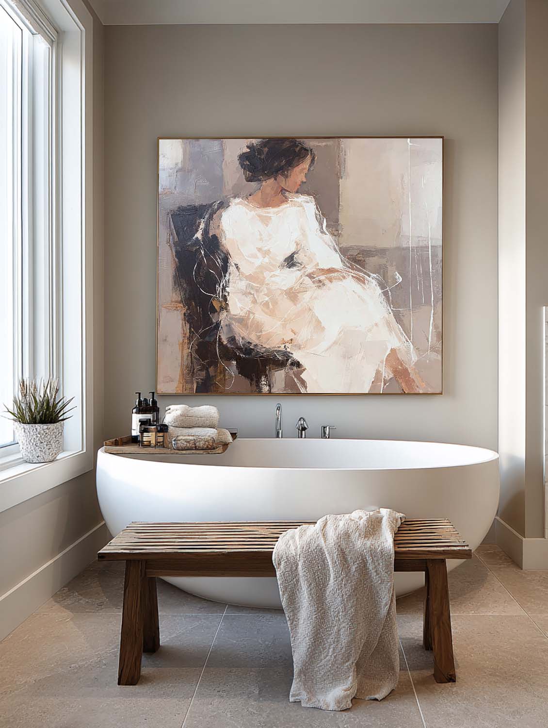 Neutral Brown Female Figure Artwork Contemporary Cream and Taupe Female Figure Art Minimalist Abstract Female Figure Painting